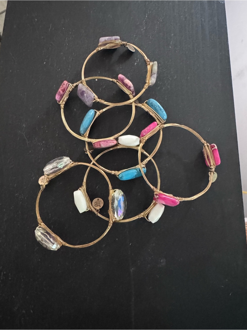 Bourbon & Bowties Bangle Stack Set of 6 Wire Wrapped Bracelets Neutral Gold